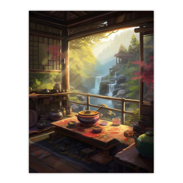 "Artery8 Wall Art Print View From Tea House Patio Painting Traditional Ceremony Japan Hospitality Serene Waterfall Landscape Poster - Size: W18"" x H24""" - image 1