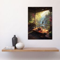 "Artery8 Wall Art Print View From Tea House Patio Painting Traditional Ceremony Japan Hospitality Serene Waterfall Landscape Poster - Size: W18"" x H24""" - thumbnail 4