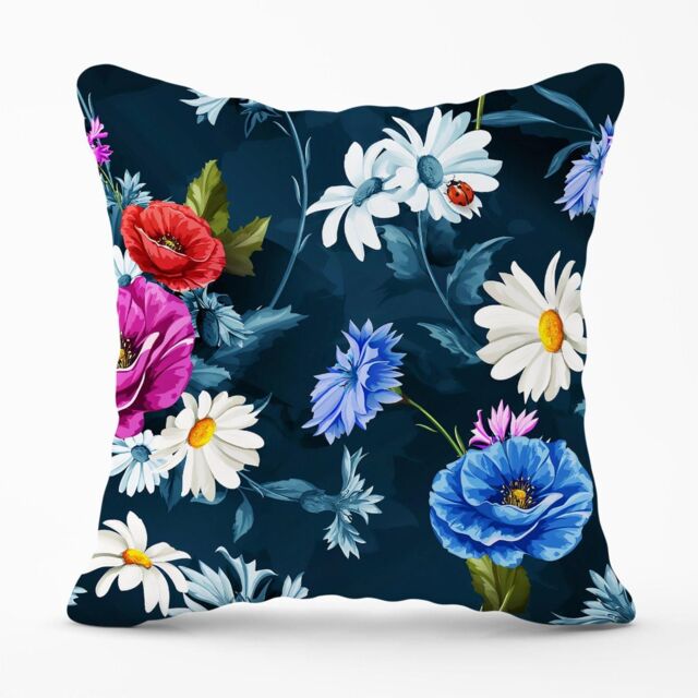 Warren Reed - Designer Poppy Flowers With Chamomile, Leaves, Cornflowers On Dark Blue Outdoor Cushion - Size: 60 cm x 60 cm - image 1