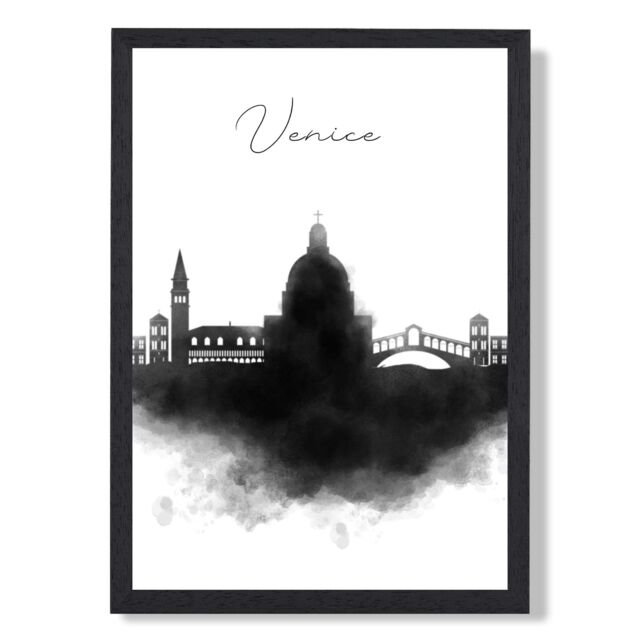 ARTZE Venice Watercolour Skyline City Framed Print SIZE: A2 with Black Frame - image 1