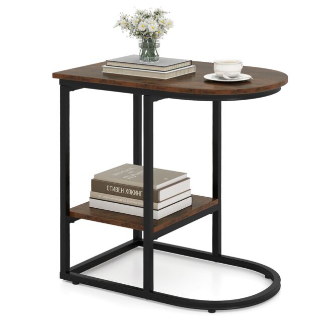Gymax C-shaped End Table Modern Sofa Side Table with Storage Shelf in Brown - image 1