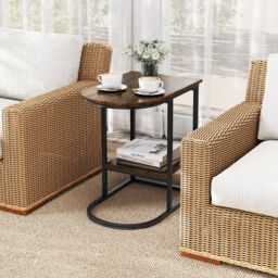 Gymax C-shaped End Table Modern Sofa Side Table with Storage Shelf in Brown - thumbnail 6