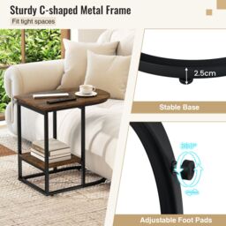 Gymax C-shaped End Table Modern Sofa Side Table with Storage Shelf in Brown - thumbnail 9