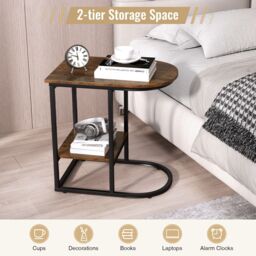 Gymax C-shaped End Table Modern Sofa Side Table with Storage Shelf in Brown - thumbnail 3