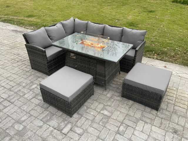 Fimous 8 Seater Rattan Garden Furniture High Back Corner Sofa Gas Fire Pit Dining Table Sets Gas Heater with 2 Big Footstool Dark Grey Mixed - image 1