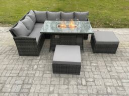 Fimous 8 Seater Rattan Garden Furniture High Back Corner Sofa Gas Fire Pit Dining Table Sets Gas Heater with 2 Big Footstool Dark Grey Mixed - thumbnail 2