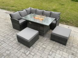 Fimous 8 Seater Rattan Garden Furniture High Back Corner Sofa Gas Fire Pit Dining Table Sets Gas Heater with 2 Big Footstool Dark Grey Mixed - thumbnail 1
