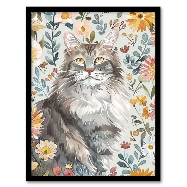 "Artery8 Cat Lover Maine Coon Boho Floral Pet Portrait Framed Wall Art - Size: W12"" x H16""" - image 1