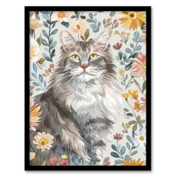 "Artery8 Cat Lover Maine Coon Boho Floral Pet Portrait Framed Wall Art - Size: W12"" x H16""" - thumbnail 1