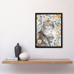 "Artery8 Cat Lover Maine Coon Boho Floral Pet Portrait Framed Wall Art - Size: W12"" x H16""" - thumbnail 4