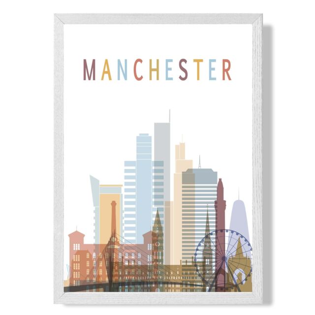 ARTZE Manchester Colourful City Skyline Framed Print SIZE: A4 with White Frame in Pale Blue - image 1