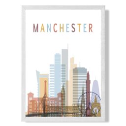 ARTZE Manchester Colourful City Skyline Framed Print SIZE: A4 with White Frame in Pale Blue - thumbnail 1