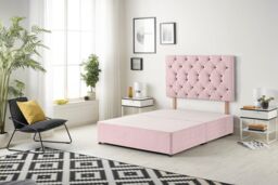 Somnior Premier Divan Bed Base with Headboard Plush Velvet in Pink - Size: Small Single - thumbnail 1