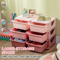 HOMCOM Kids 3 Tier Storage Unit Toy Storage Organiser Vertical Dresser Tower in Pink - thumbnail 4