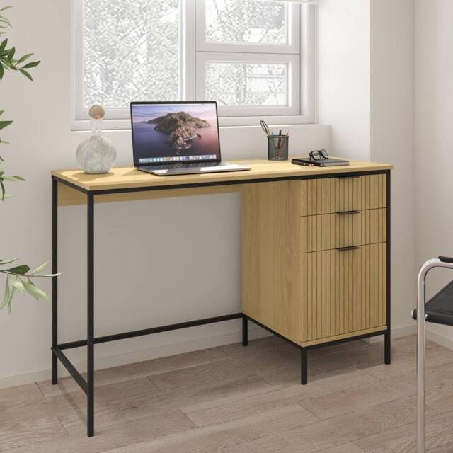 Home Source Wisbech 3 Drawer Desk Oak Computer Office Table Workstation Steel Legs in Brown - image 1