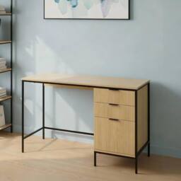 Home Source Wisbech 3 Drawer Desk Oak Computer Office Table Workstation Steel Legs in Brown - thumbnail 5