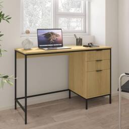 Home Source Wisbech 3 Drawer Desk Oak Computer Office Table Workstation Steel Legs in Brown - thumbnail 1