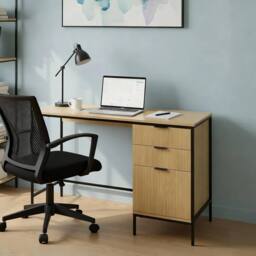 Home Source Wisbech 3 Drawer Desk Oak Computer Office Table Workstation Steel Legs in Brown - thumbnail 4
