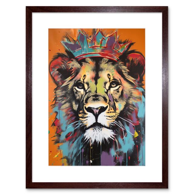 "Artery8 Wall Art Print Lion Wearing Crown Jungle King Animal Portrait Artwork Framed 9X7 Inch in Brown - Size: W7"" x H9""" - image 1
