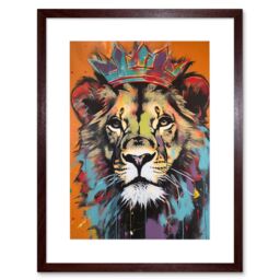 "Artery8 Wall Art Print Lion Wearing Crown Jungle King Animal Portrait Artwork Framed 9X7 Inch in Brown - Size: W7"" x H9""" - thumbnail 1