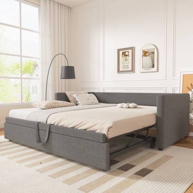 Merax 3ft Single Grey Linen Upholstered Daybed with Lift-Up Trundle Bed - image 1