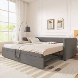 Merax 3ft Single Grey Linen Upholstered Daybed with Lift-Up Trundle Bed