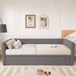 Merax 3ft Single Grey Linen Upholstered Daybed with Lift-Up Trundle Bed - thumbnail 3