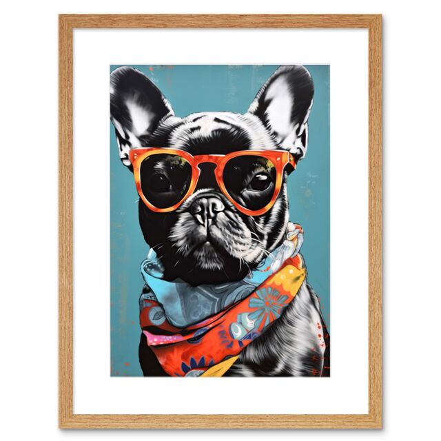 "Artery8 Wall Art Print English Bulldog Wearing Bandana & Sunglasses Artwork Framed 9X7 Inch in Beige - Size: W7"" x H9""" - image 1