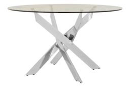 Orsina Round Glass Dining Table With Chrome Intersected Legs, Clear Tempered Glass Top Modern Dining Table in Silver