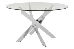 Orsina Round Glass Dining Table With Chrome Intersected Legs, Clear Tempered Glass Top Modern Dining Table in Silver - thumbnail 2