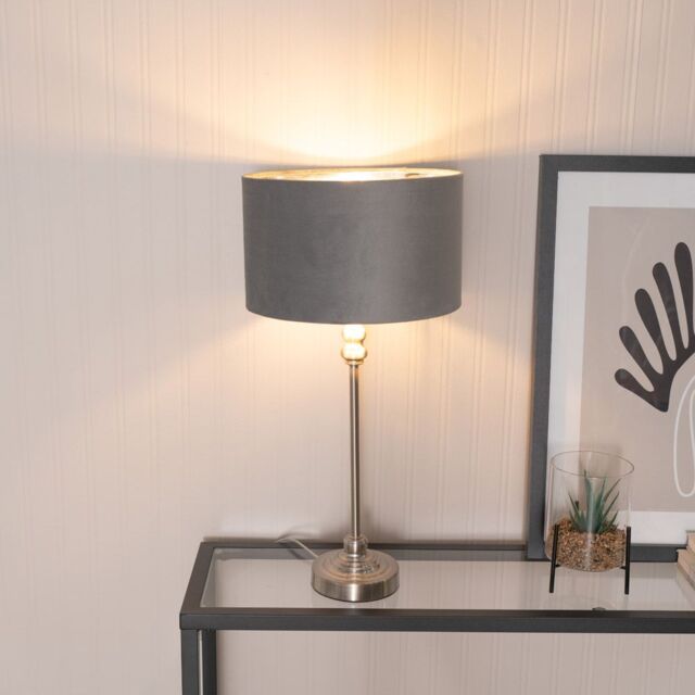 ValueLights Maggie Chrome Candlestick Table Lamp with Grey Velvet & Chrome Shade & Bulb - image 1