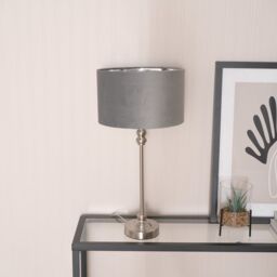 ValueLights Maggie Chrome Candlestick Table Lamp with Grey Velvet & Chrome Shade & Bulb - thumbnail 3