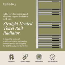 Balterley Straight Heated Towel Rail Radiator, 502W, 600 x 1500mm, Chrome in Silver - thumbnail 2