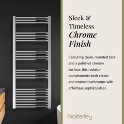Balterley Straight Heated Towel Rail Radiator, 502W, 600 x 1500mm, Chrome in Silver - thumbnail 6