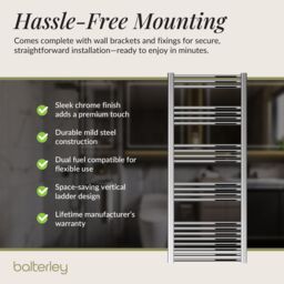 Balterley Straight Heated Towel Rail Radiator, 502W, 600 x 1500mm, Chrome in Silver - thumbnail 4