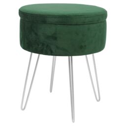 Harbour Housewares Round Velvet Storage Footstool - H45 x D36cm - Silver Legs in Green - thumbnail 1