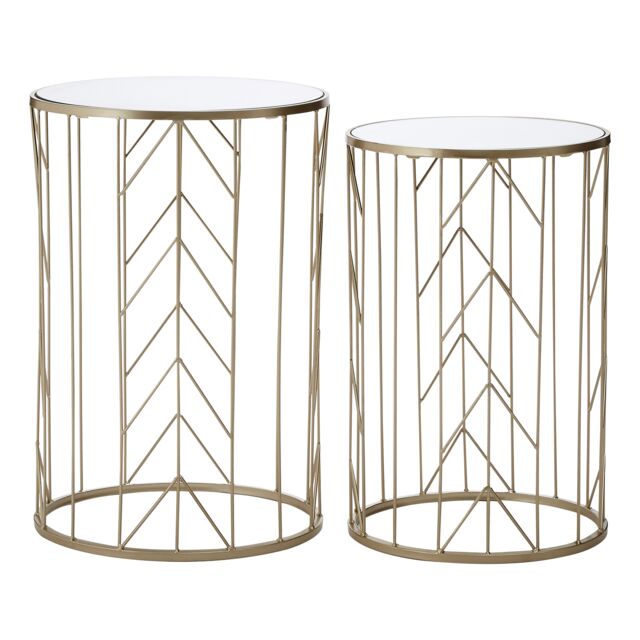 Orsina Mirrored Top Set of 2 Champagne Side Tables, Cylindrical End Table With Strong Iron, Metallic Sofa Side Tables in Gold - image 1