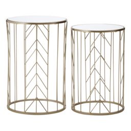 Orsina Mirrored Top Set of 2 Champagne Side Tables, Cylindrical End Table With Strong Iron, Metallic Sofa Side Tables in Gold - thumbnail 1