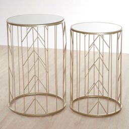 Orsina Mirrored Top Set of 2 Champagne Side Tables, Cylindrical End Table With Strong Iron, Metallic Sofa Side Tables in Gold - thumbnail 2