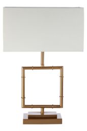 Orsina Gold Finish Modern Table Lamp With White Linen Shade, Contemporary Square Body Table Light For Living Room