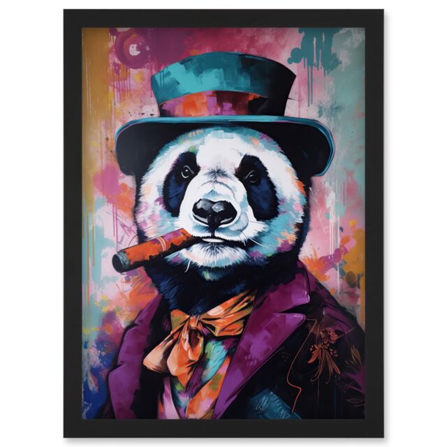 Artery8 Panda Portrait with Purple Suit Top Hat & Cigar Artwork Framed Wall Art Print A4 in Black - image 1