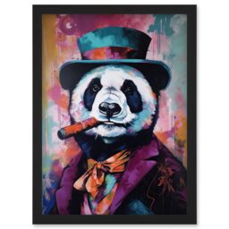 Artery8 Panda Portrait with Purple Suit Top Hat & Cigar Artwork Framed Wall Art Print A4 in Black - thumbnail 1