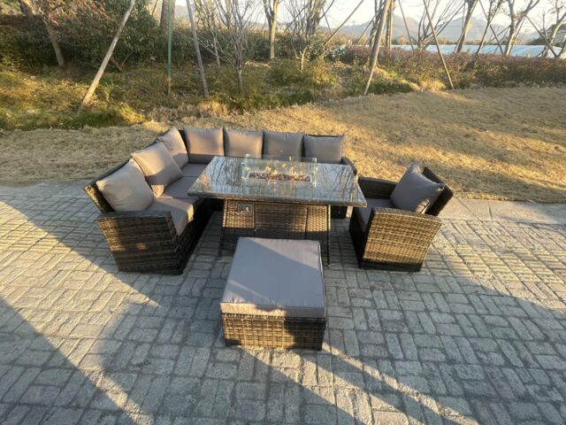 Fimous High Back Rattan Garden Furniture Sets Gas Fire Pit Dining Table Left Corner Sofa Big Footstools Chair 8 Seater in Dark Grey - image 1
