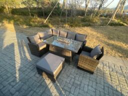 Fimous High Back Rattan Garden Furniture Sets Gas Fire Pit Dining Table Left Corner Sofa Big Footstools Chair 8 Seater in Dark Grey - thumbnail 3