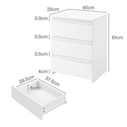 Nordara Modern White Bedside Table 3 Drawers Storage Side End Cabinet - Size: 110 cm x 35 cm - thumbnail 2