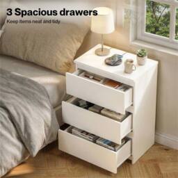 Nordara Modern White Bedside Table 3 Drawers Storage Side End Cabinet - Size: 110 cm x 35 cm - thumbnail 4