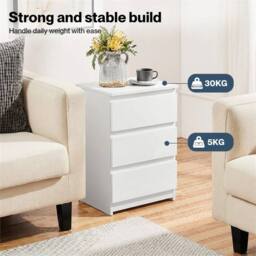 Nordara Modern White Bedside Table 3 Drawers Storage Side End Cabinet - Size: 110 cm x 35 cm - thumbnail 5