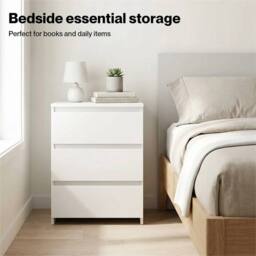 Nordara Modern White Bedside Table 3 Drawers Storage Side End Cabinet - Size: 110 cm x 35 cm - thumbnail 3
