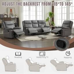 FURNITURE ONE Manual Recliners Sofa, Recliner Couches Set, Armchair + Loveseat Set - Grey - Size: 3 Seater - thumbnail 3