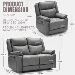 FURNITURE ONE Manual Recliners Sofa, Recliner Couches Set, Armchair + Loveseat Set - Grey - Size: 3 Seater - thumbnail 2